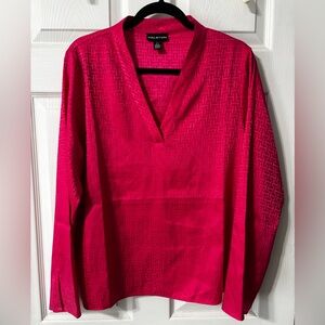 Vintage Halston Fuschia Pink Sz Lg V-neck Logo Blouse Top Long Sleeve Classic